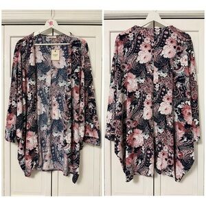 NWT Andthewhy Floral Kimono Cardigan Fairy 3/4 Dolman Sleeve Feminine Large